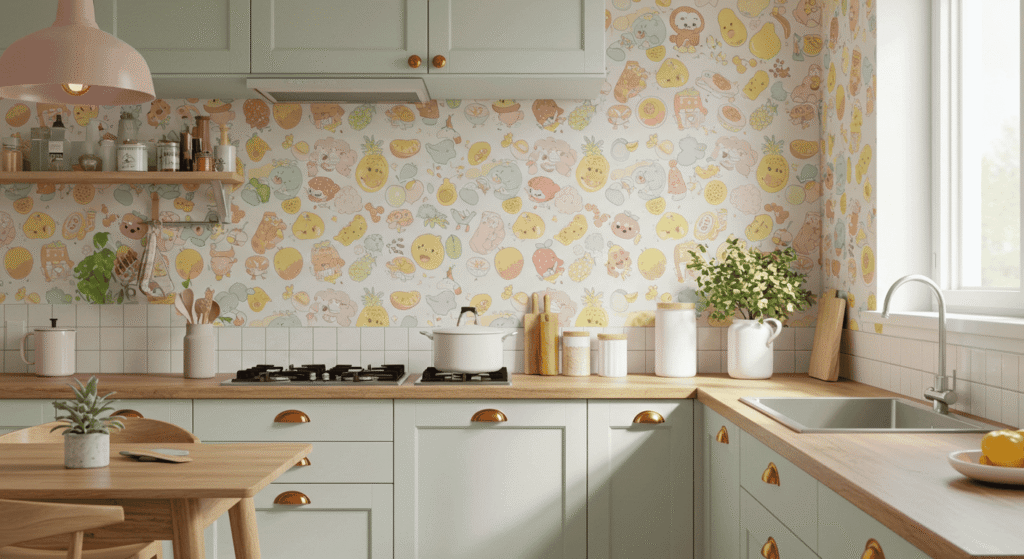 DIY home project applying peel-and-stick wallpaper to a kitchen backsplash.