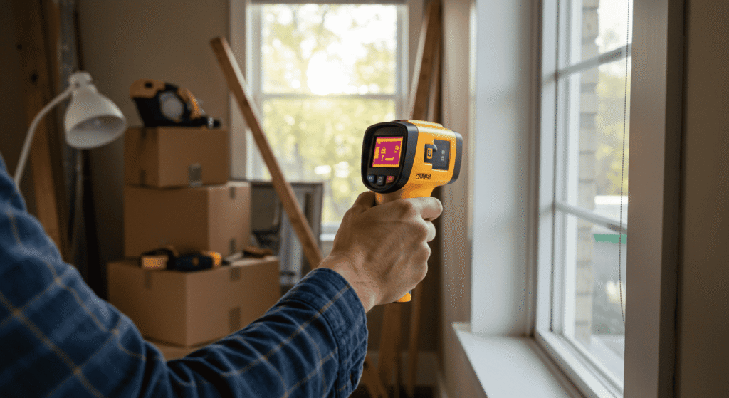 Homeowner using a checklist to perform a DIY energy audit at home.