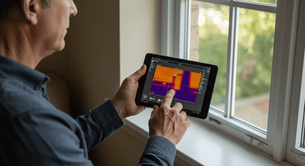 Thermal camera detecting heat loss around windows and doors.