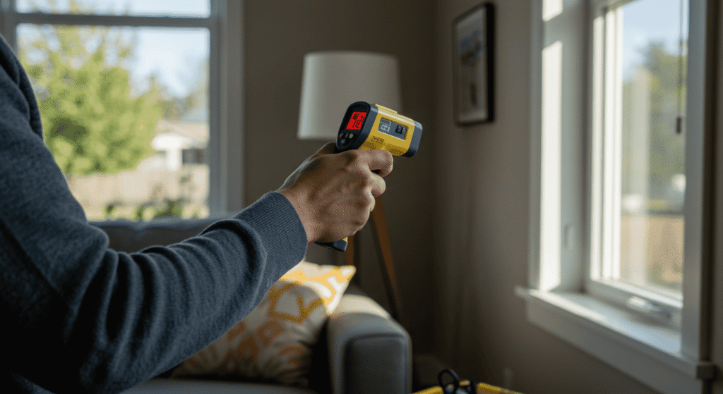 Person inspecting attic insulation during a home energy assessment.