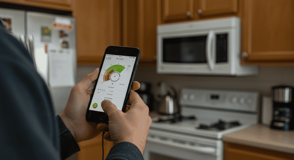 Smart energy monitor tracking electricity usage in a living room.
