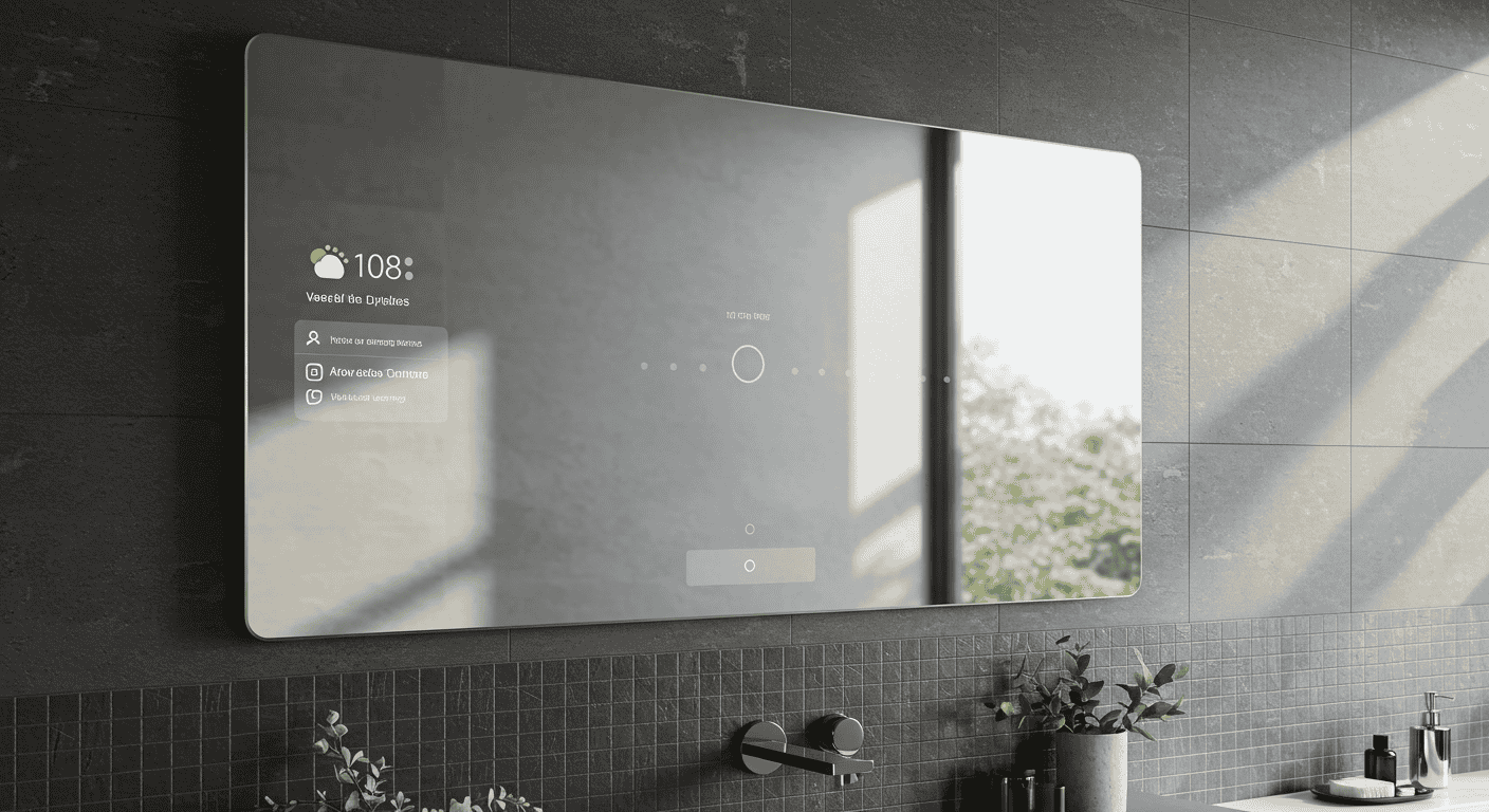 Modern smart bathroom mirror with built-in LED lighting and touch display.
