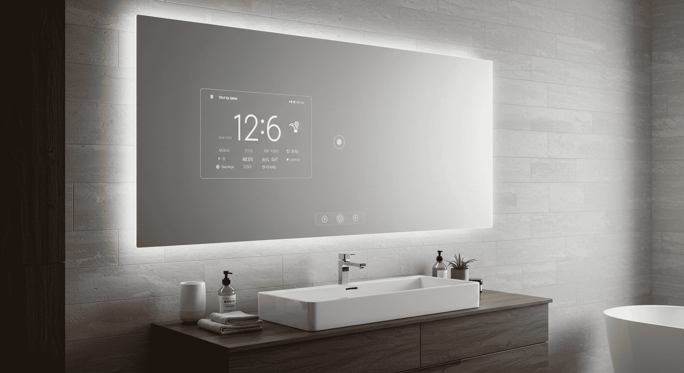 High-tech smart mirror showing weather and time in a luxury bathroom.