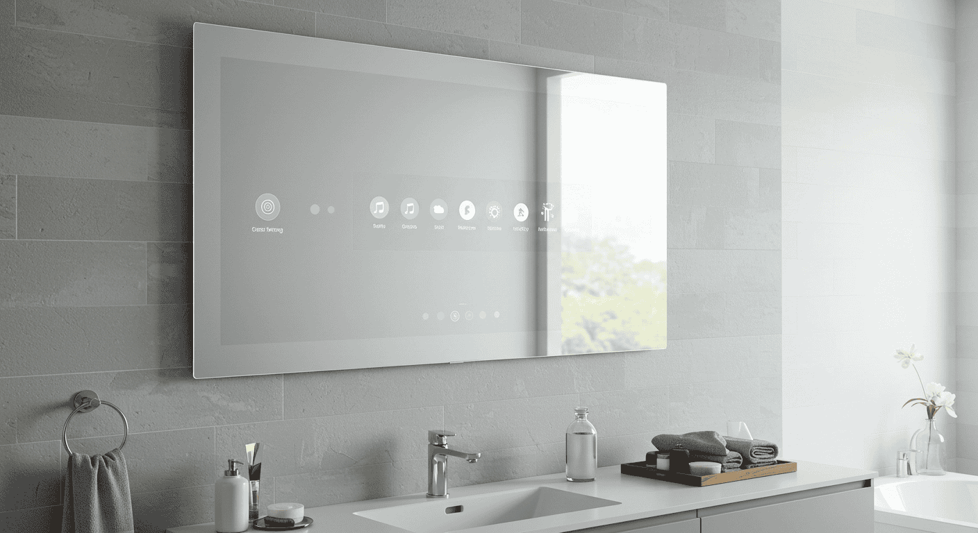 Bathroom with voice-controlled smart mirror and minimalist design.