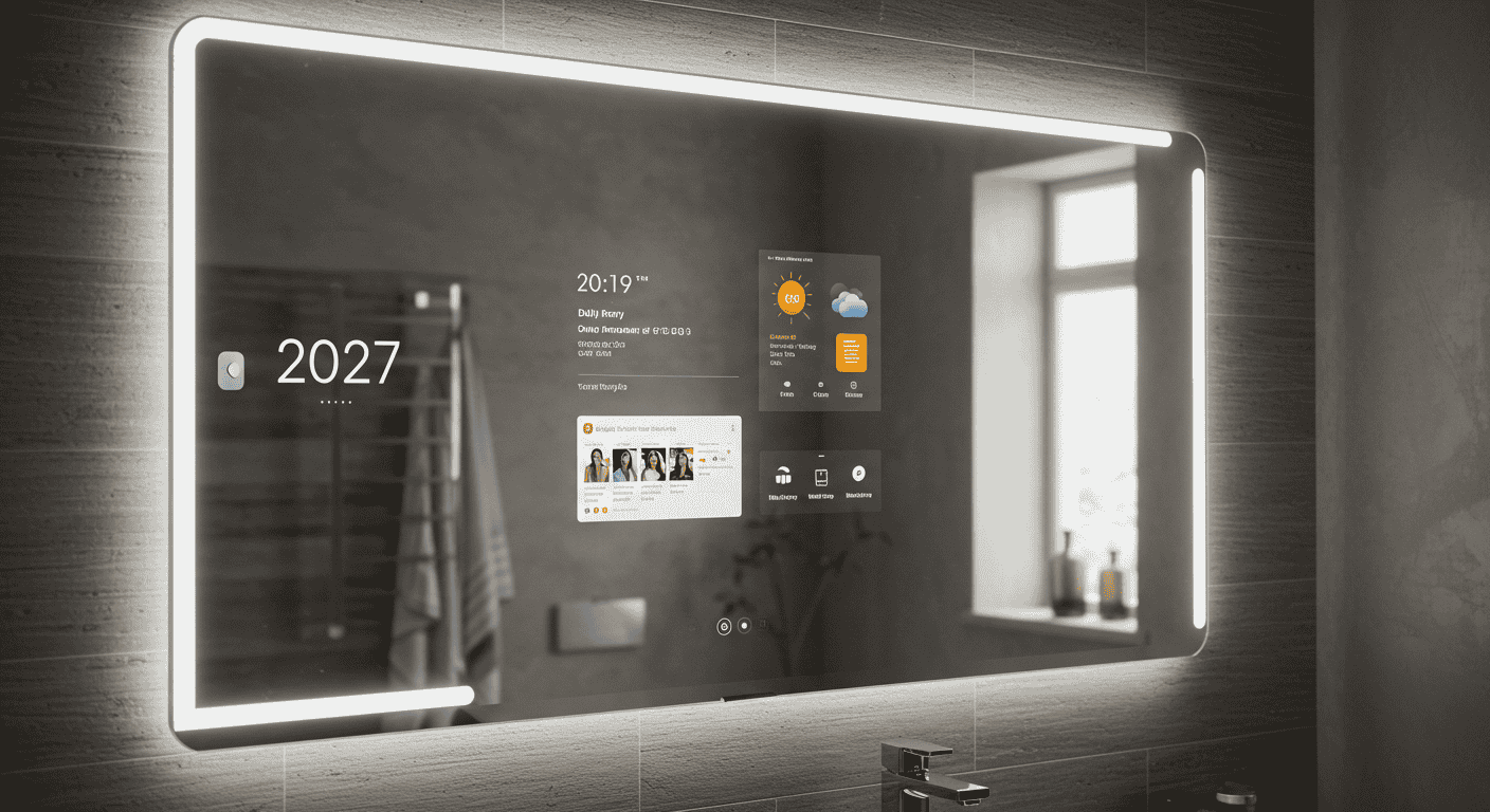 Close-up of a smart mirror interface with temperature and lighting controls.