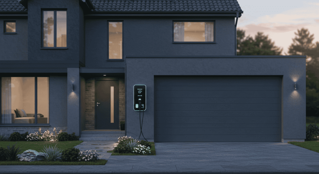 Close-up of EV charger showing smart charging interface and settings.
