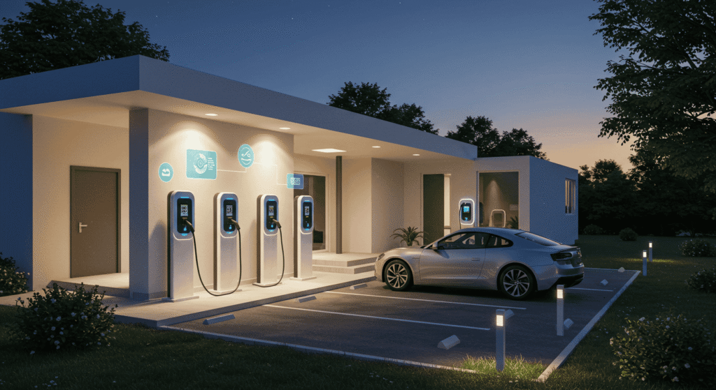 Homeowner plugging EV into a wall-mounted smart charger.