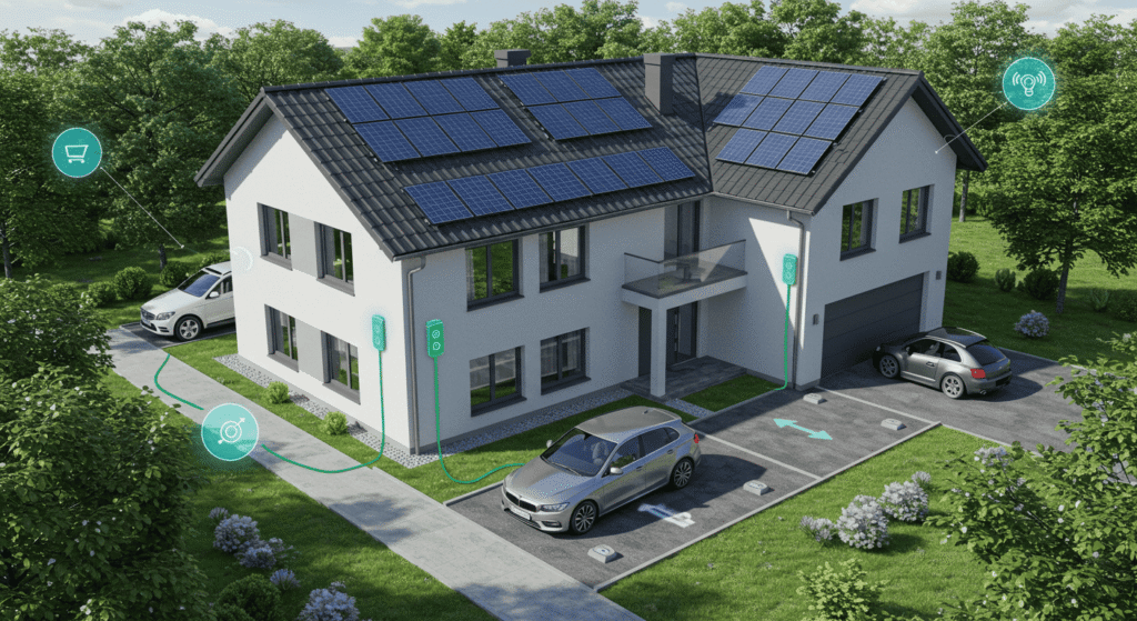 Modern electric vehicle charging station installed in a residential garage.