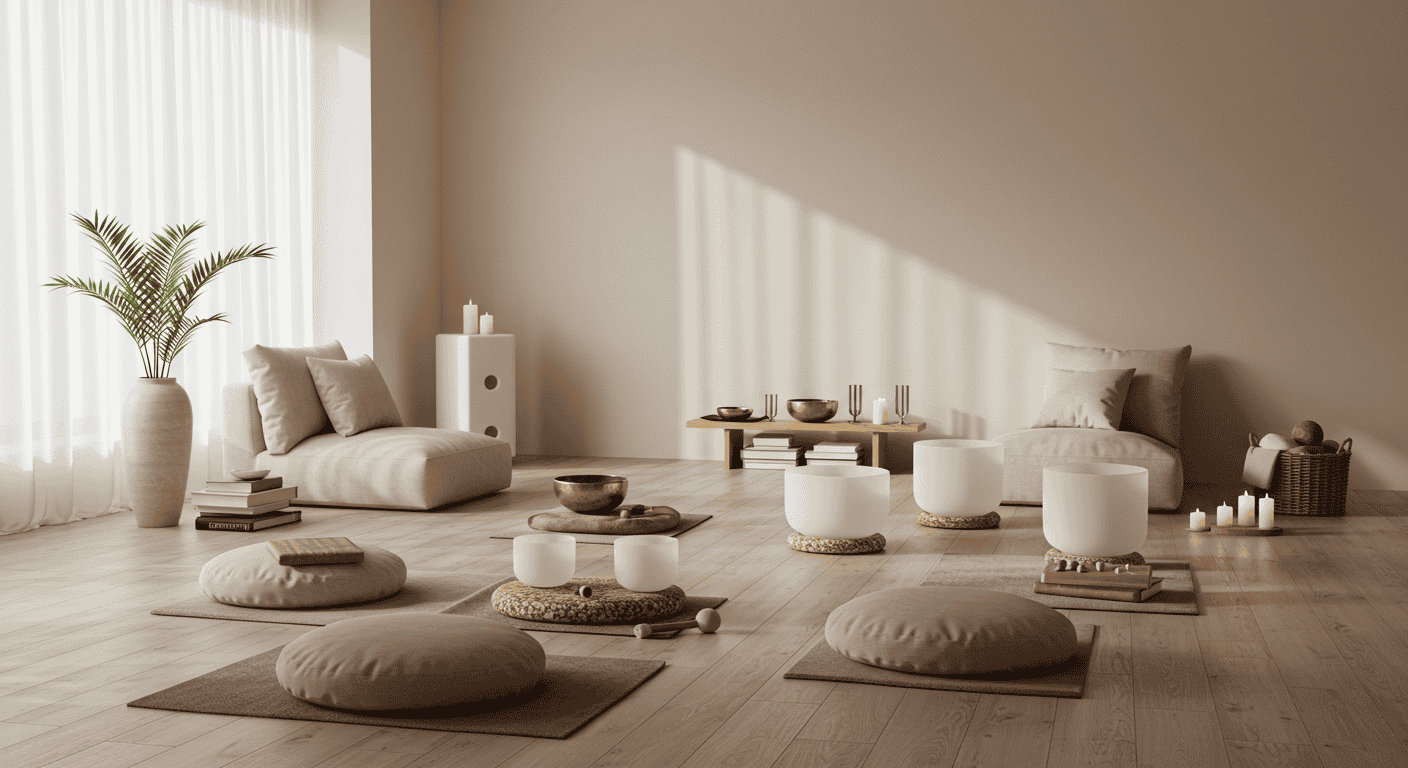 Peaceful spa room prepared for sound bath meditation.