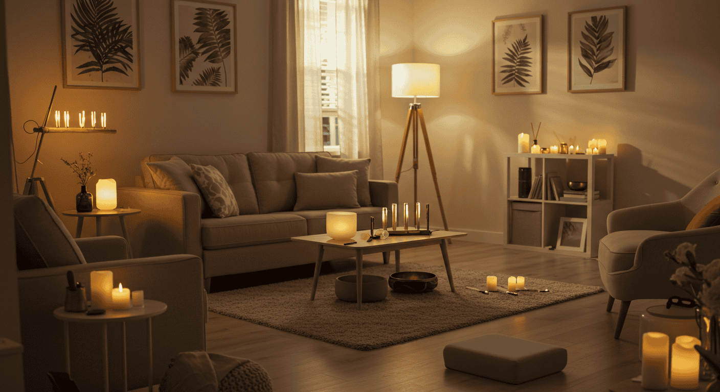 Serene atmosphere with candles and sound therapy instruments promoting wellbeing.