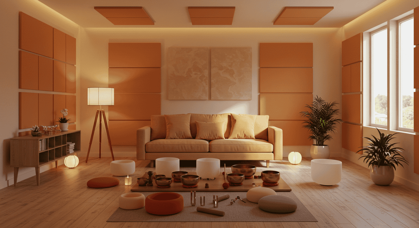 Singing bowls arranged on a mat for a sound healing session.