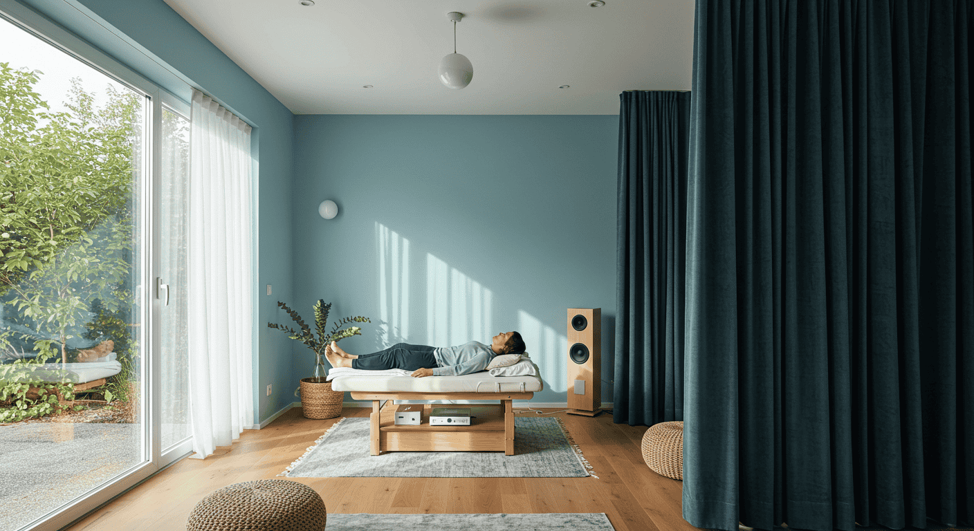 Person relaxing with headphones during sound therapy session.