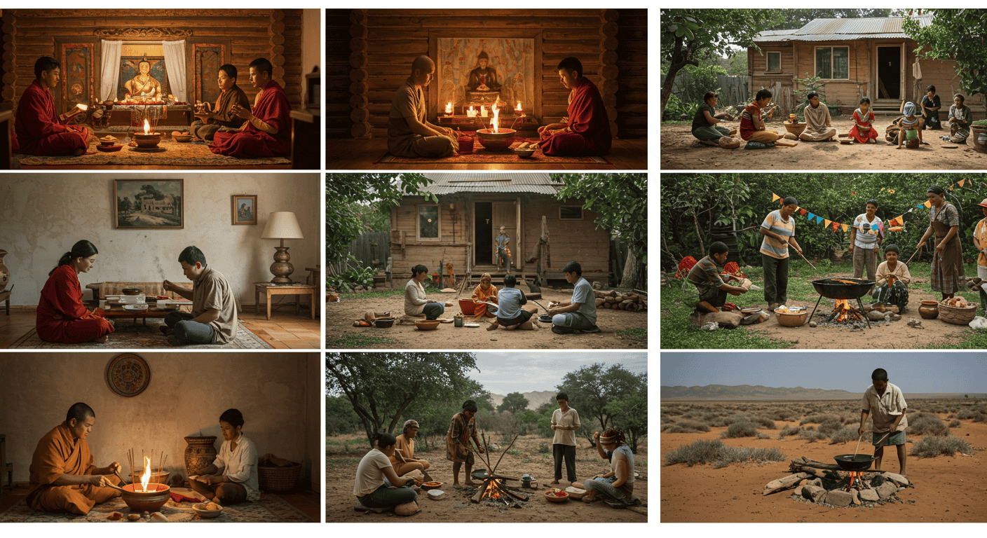 Home ritual essentials — incense, candles, crystals, and tea — arranged beautifully on a wooden table.