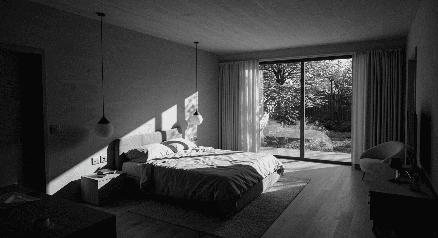 Bedroom layout optimized for napping with soothing colors and ambient lighting.