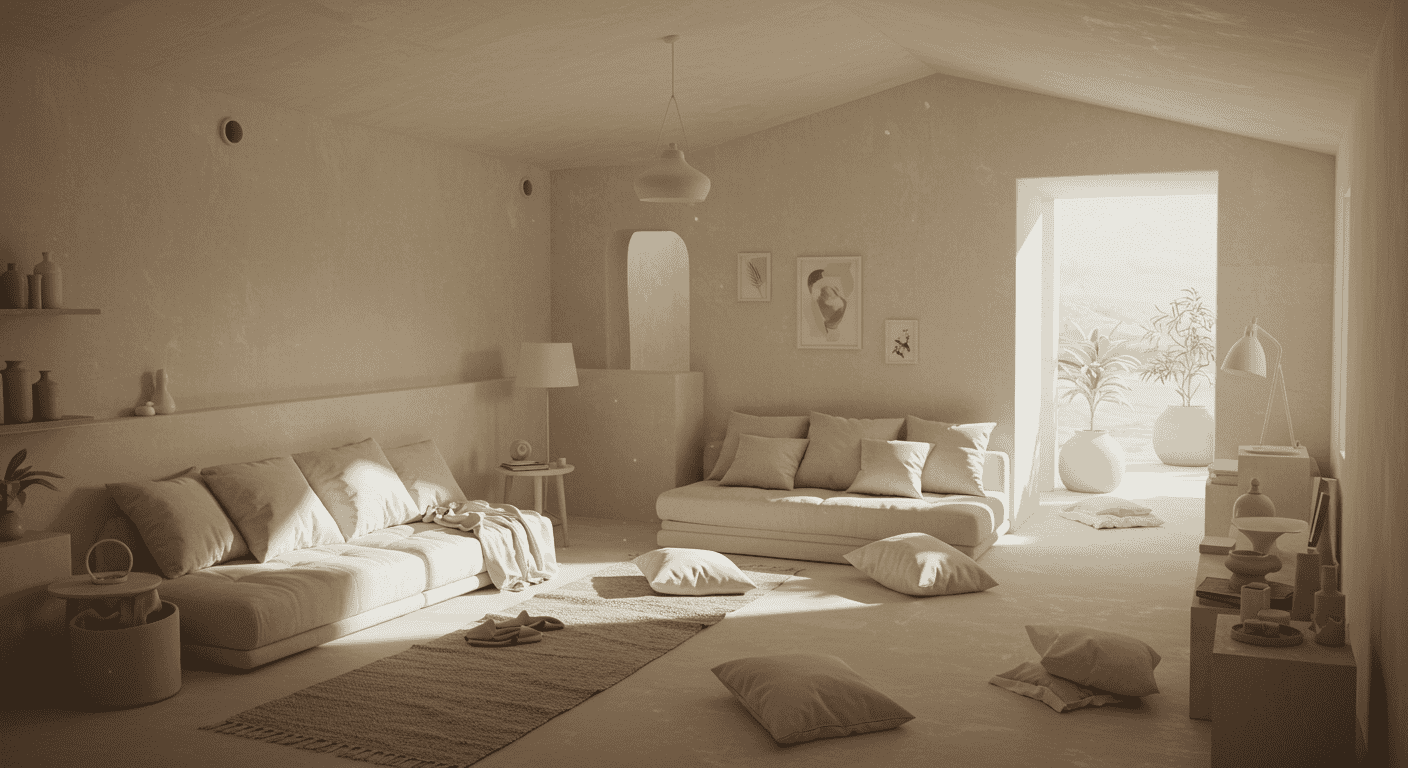 Serene minimalist home design emphasizing comfort, rest, and relaxation spaces.