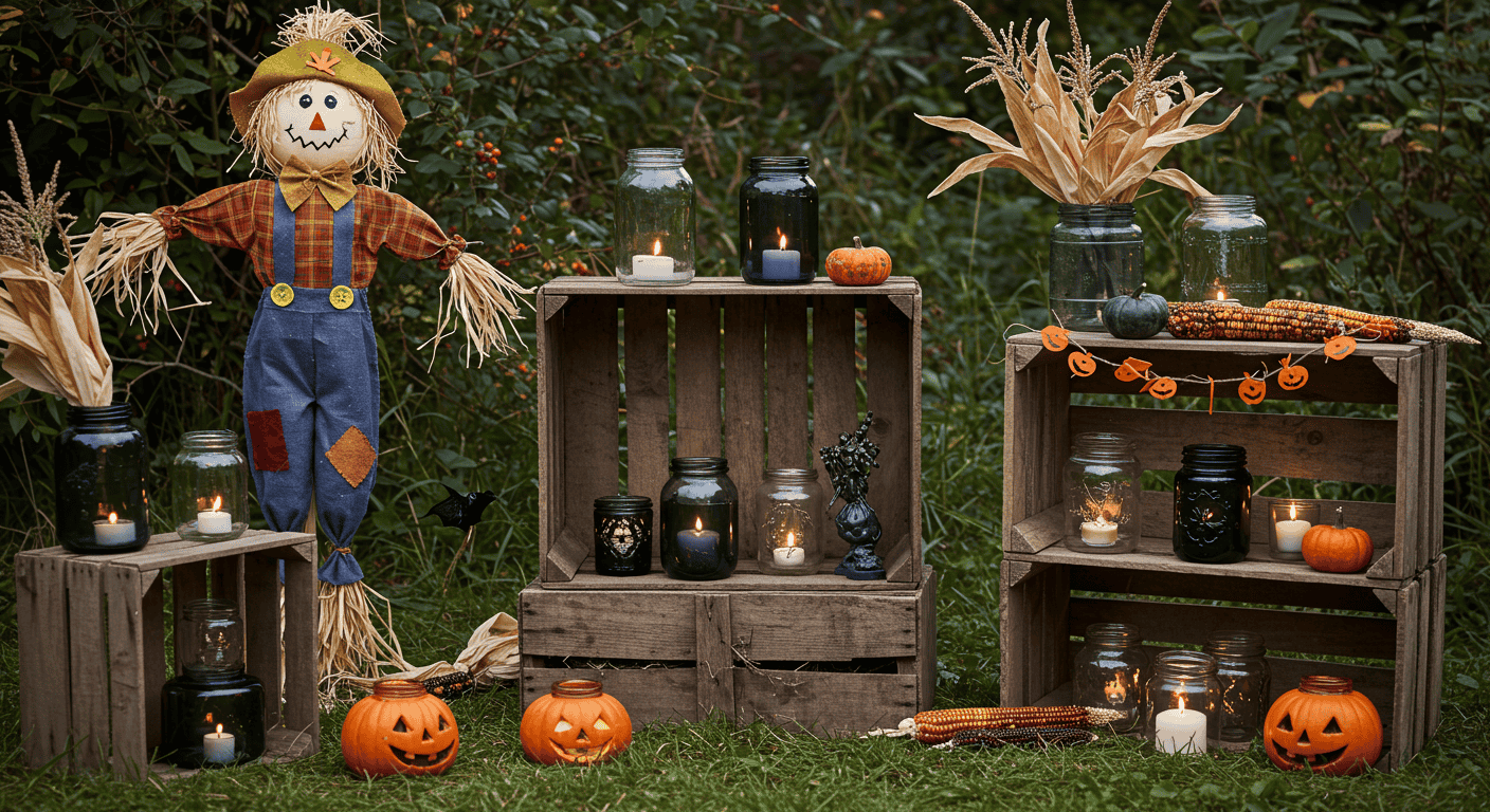 Sustainable Halloween home decor featuring paper bats, thrifted items, and compostable accents.