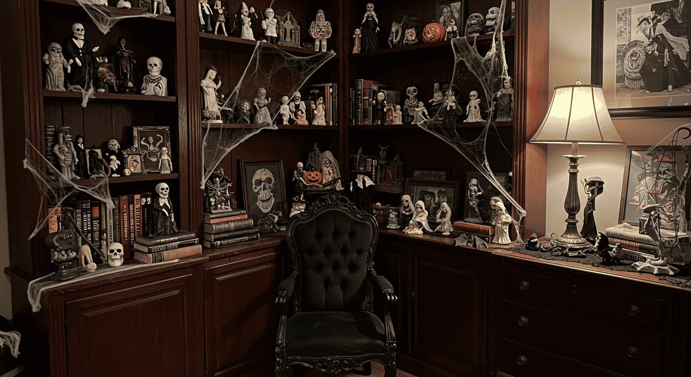 Year-round spooky home decor with cobweb-inspired accents and antique details.