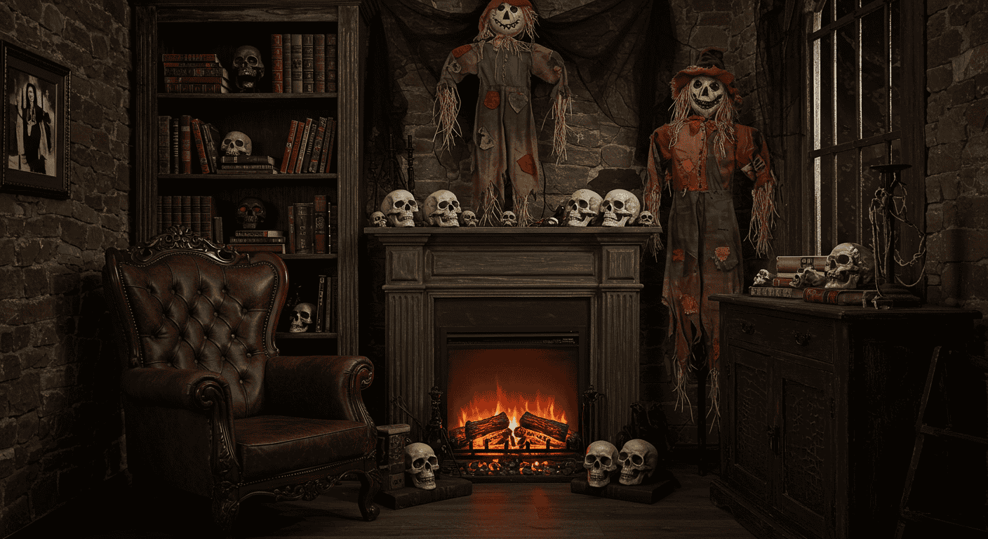 Haunted-inspired cozy space with candles, books, and eerie wall art.