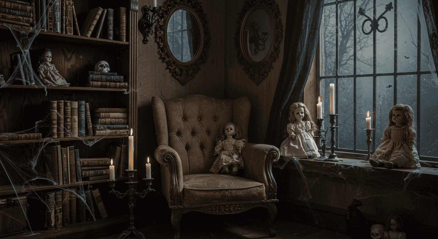 Cozy gothic reading nook with dark decor and year-round spooky aesthetic.