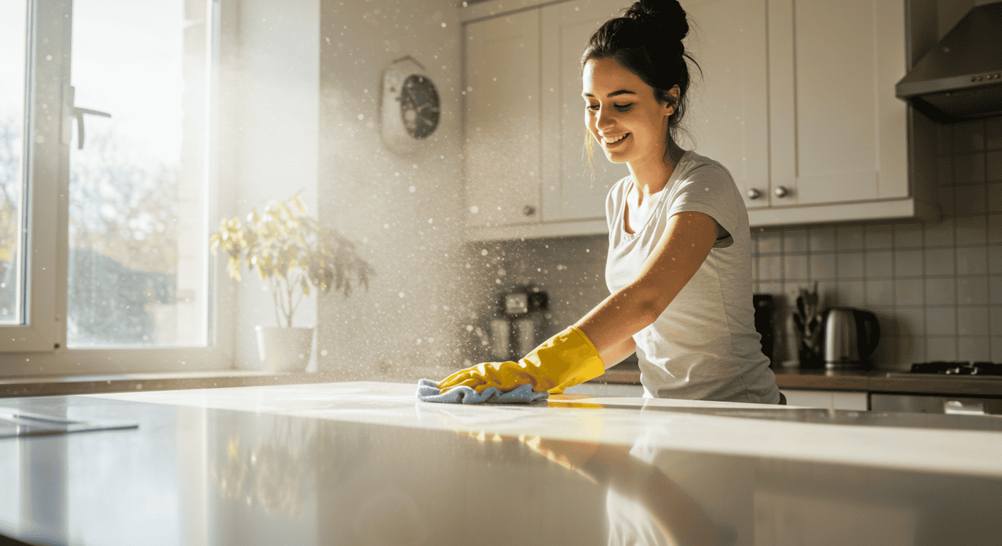 Woman cleaning a bright, organized home using natural cleaning products