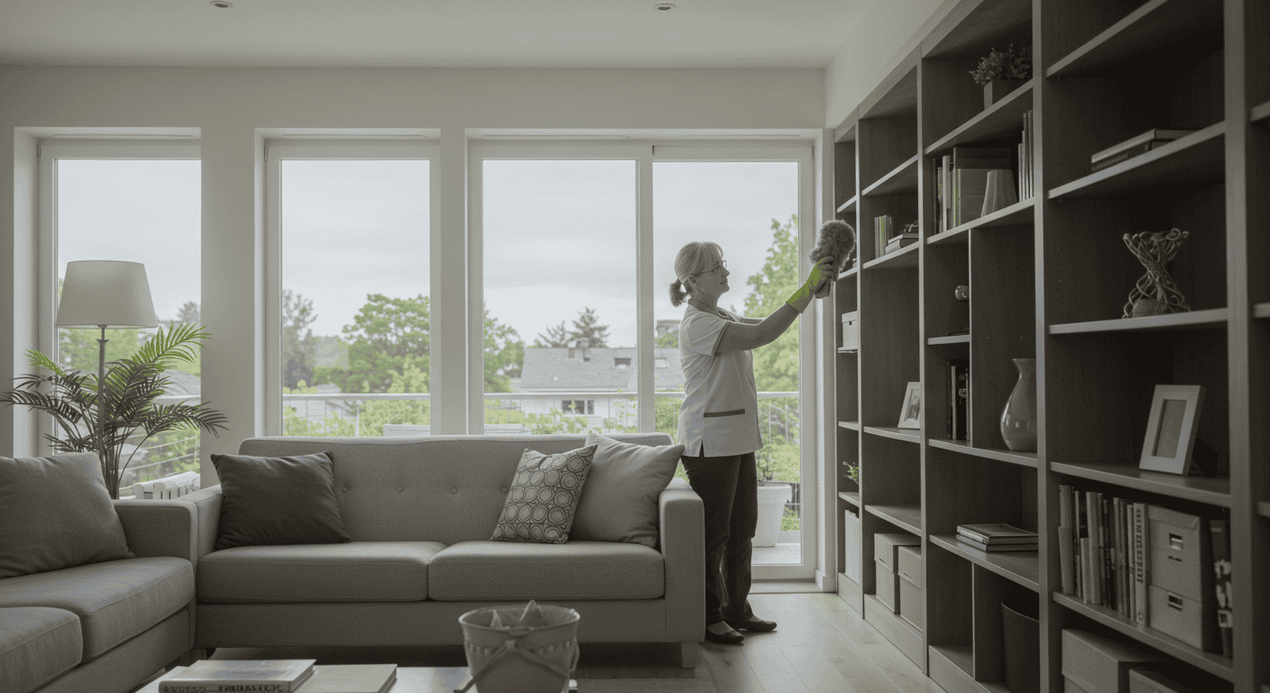 Close-up of hands wiping a countertop with a microfiber cloth.