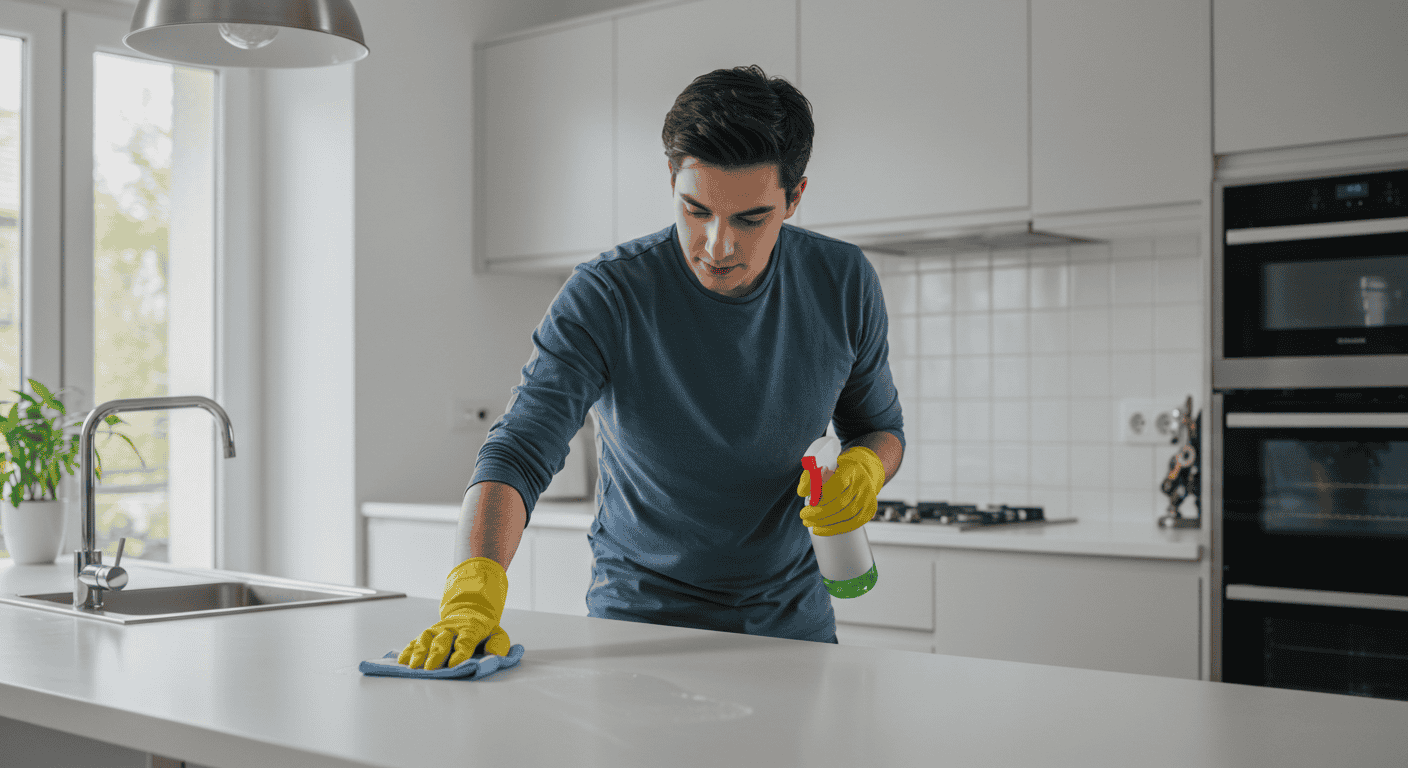 Eco-friendly cleaning tools and supplies neatly arranged on a table
