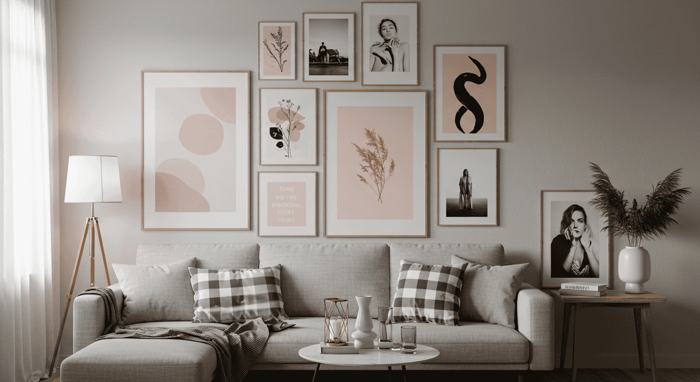 Large abstract canvas hanging above a neutral-colored sofa in a contemporary space