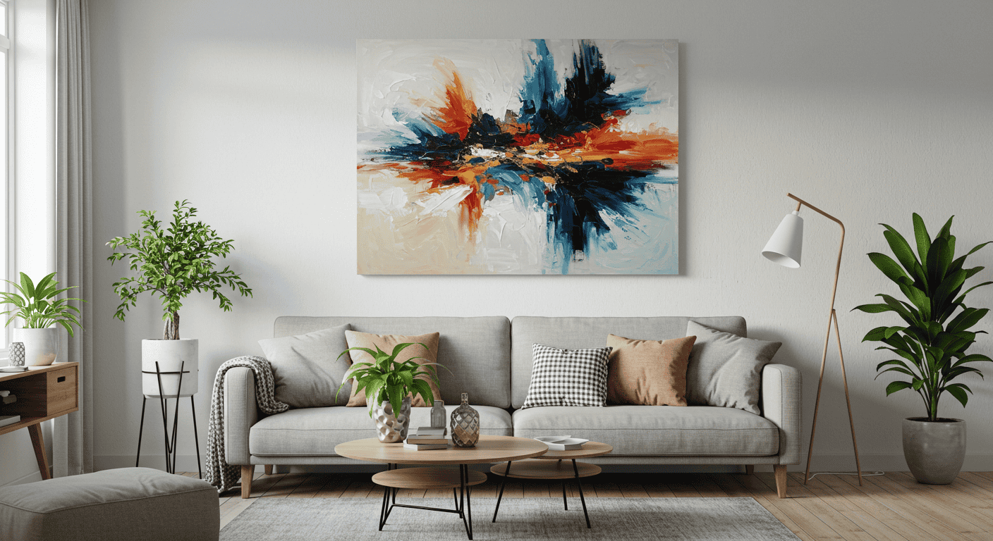 Stylish living room decorated with trendy framed prints and art pieces