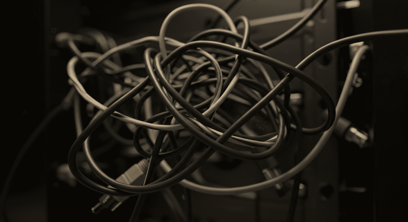 Neatly organized cables using clips and cable sleeves behind a desk setup.