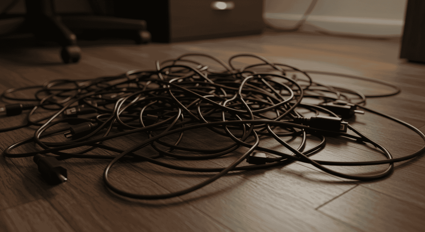 Cable box and wire clips used to manage cords under a TV stand.