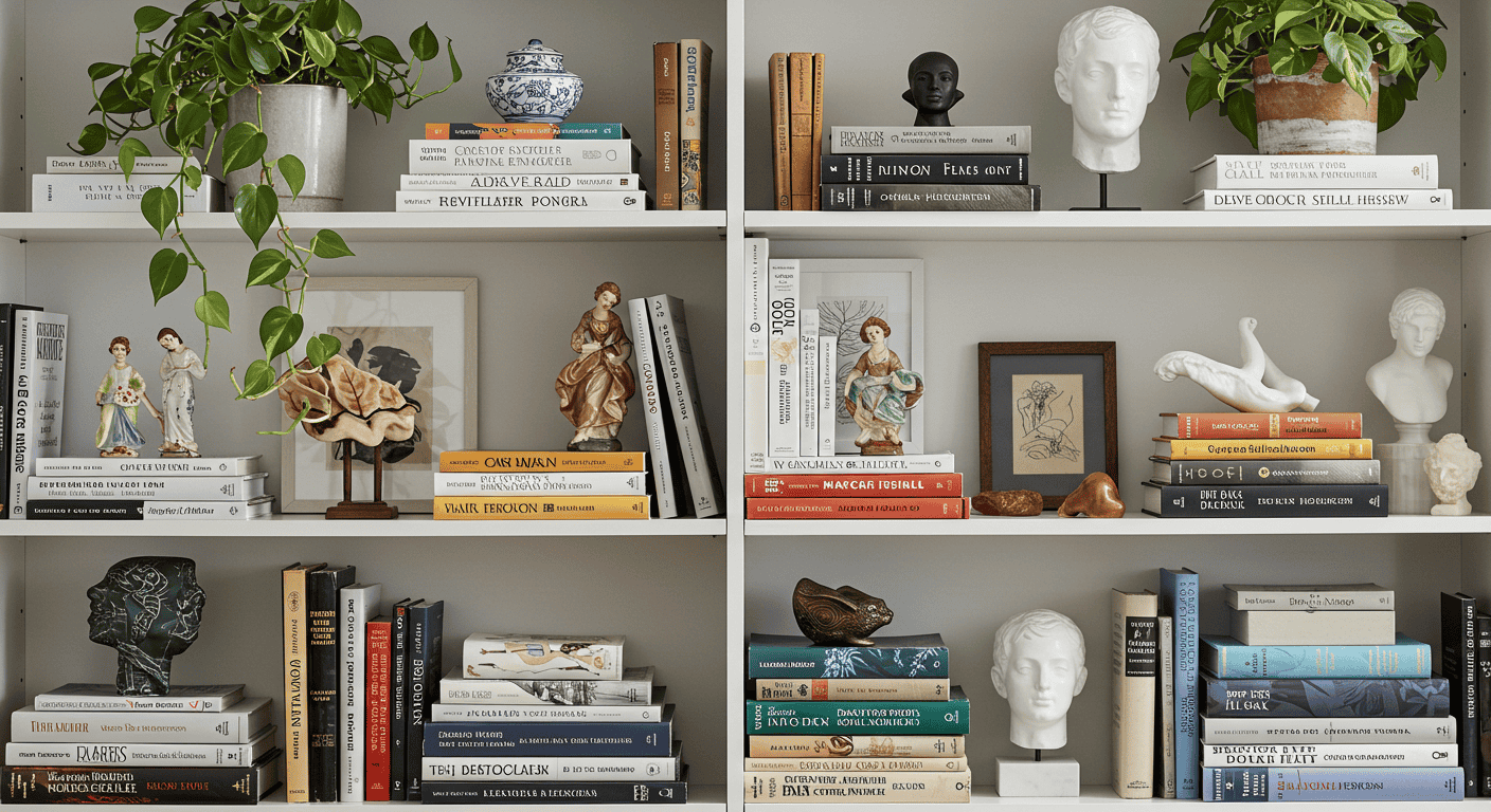 Close-up of a curated shelf arrangement blending function and style.