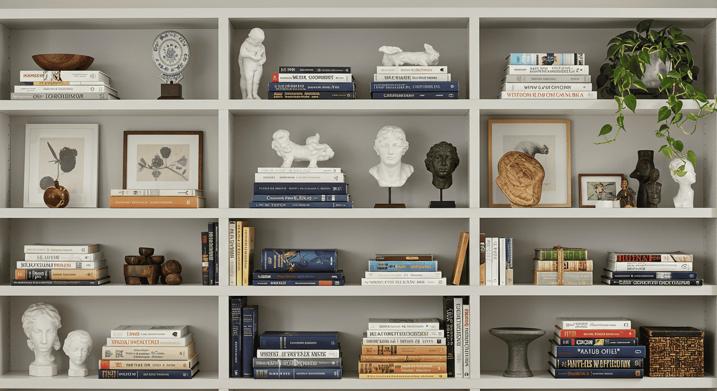 Minimalist open shelving design with balanced decor and neutral tones.