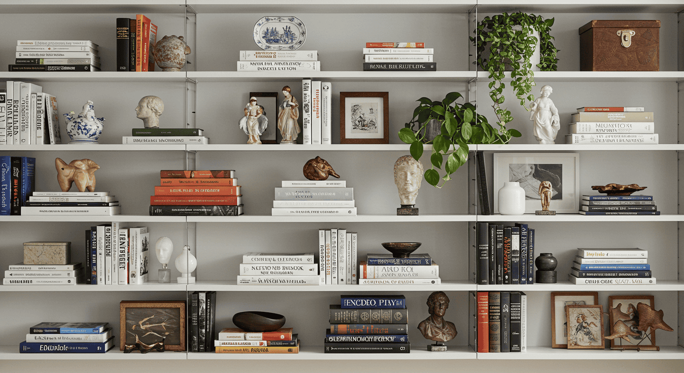Modern living room shelves styled with books, plants, and decorative objects.