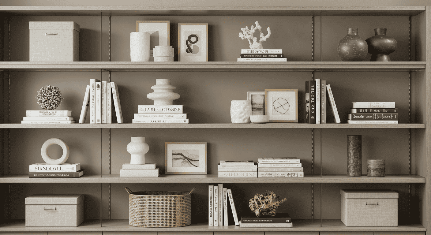 Perfectly styled floating shelves with a mix of textures and shapes.