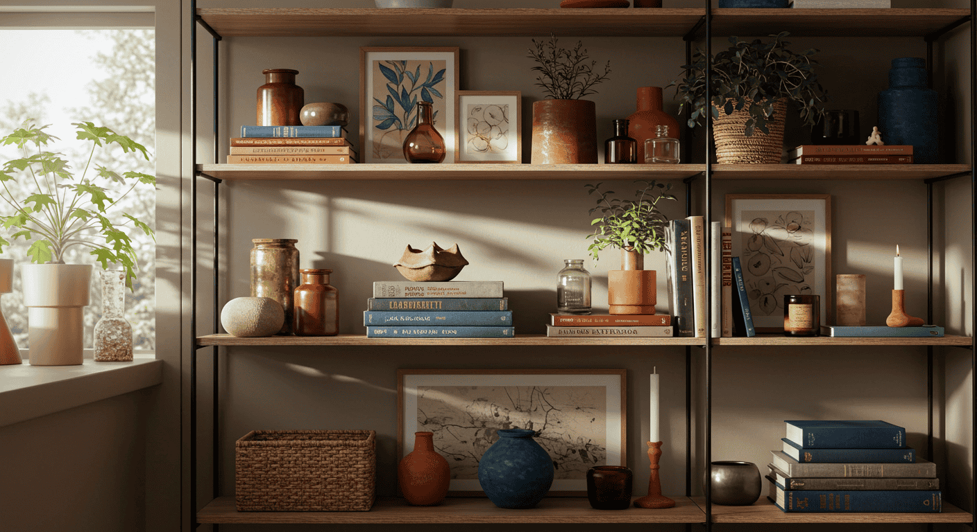 Interior designer arranging decor pieces on wooden shelves for a cohesive look.